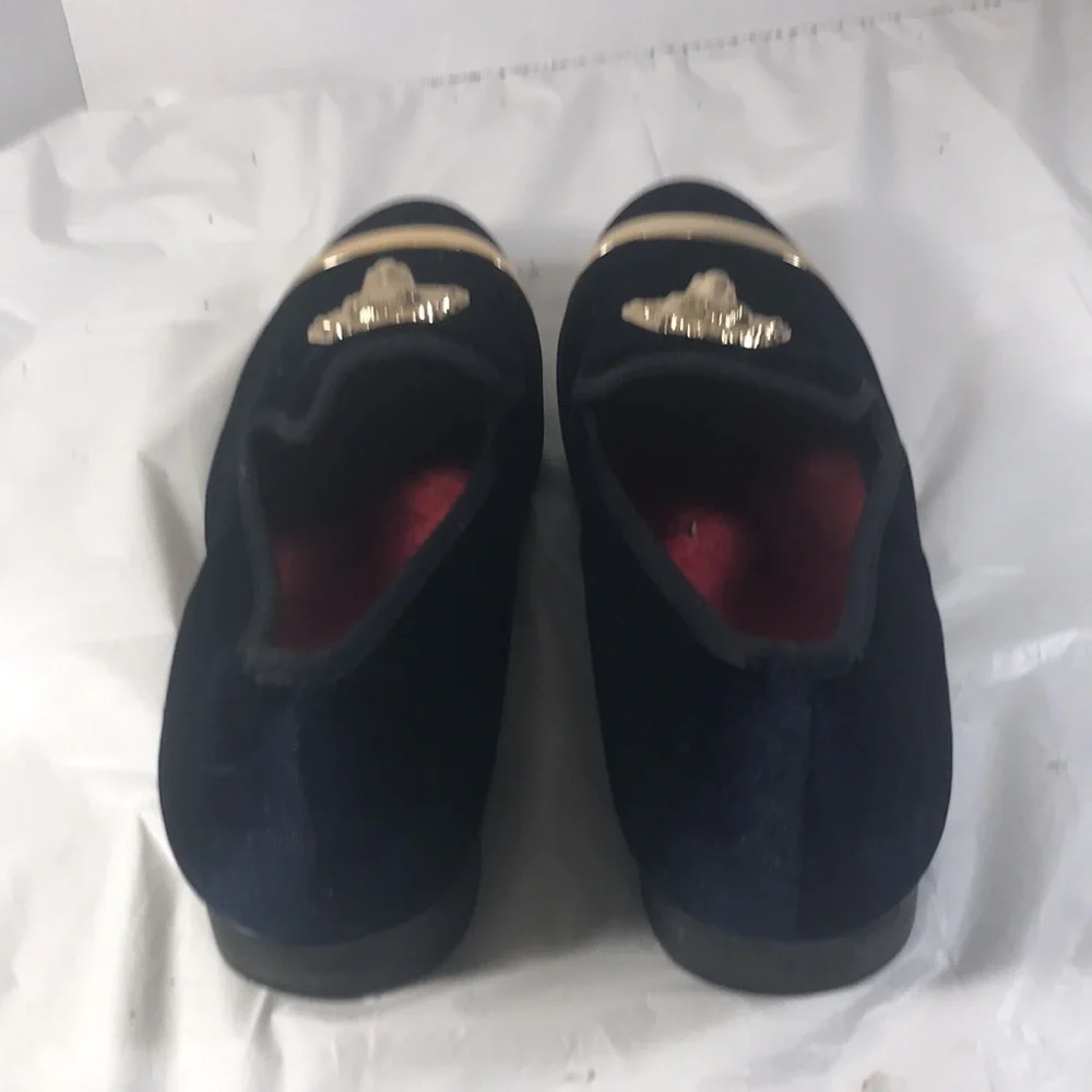 Mens Jitai Penny Blue Velvet Luxury Loafers with Gold Toned Lion & Bar Accents